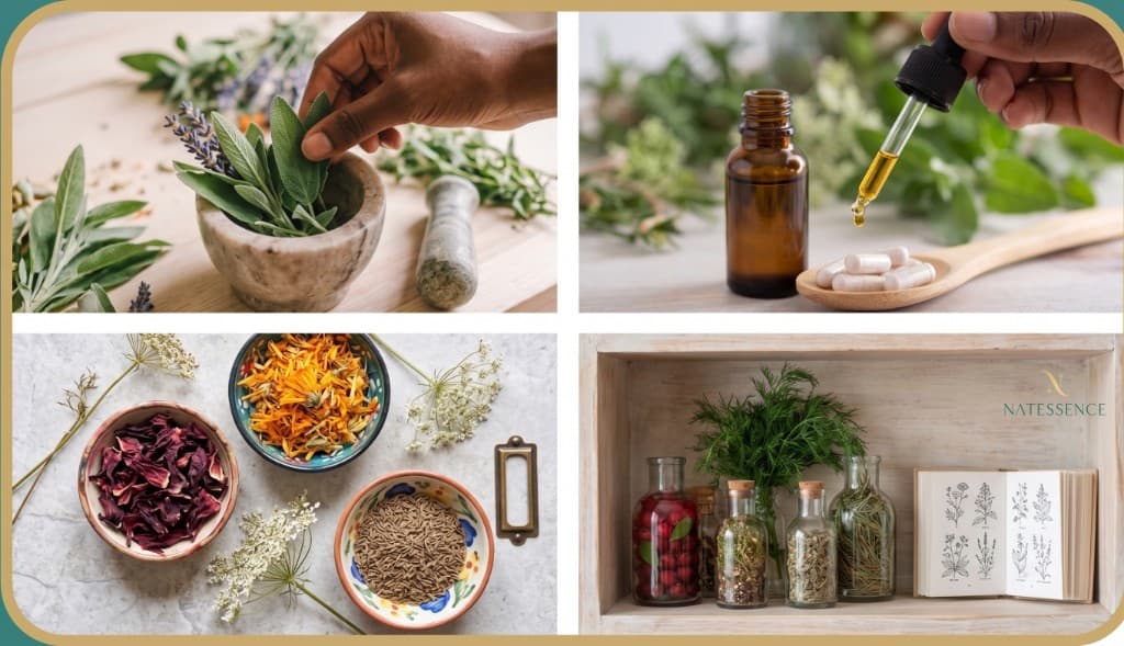 A collage of natural remedies, herbs, and apothecary tools
