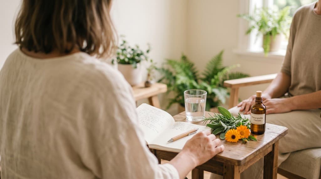 A naturopath taking notes during a calm consultation with a client